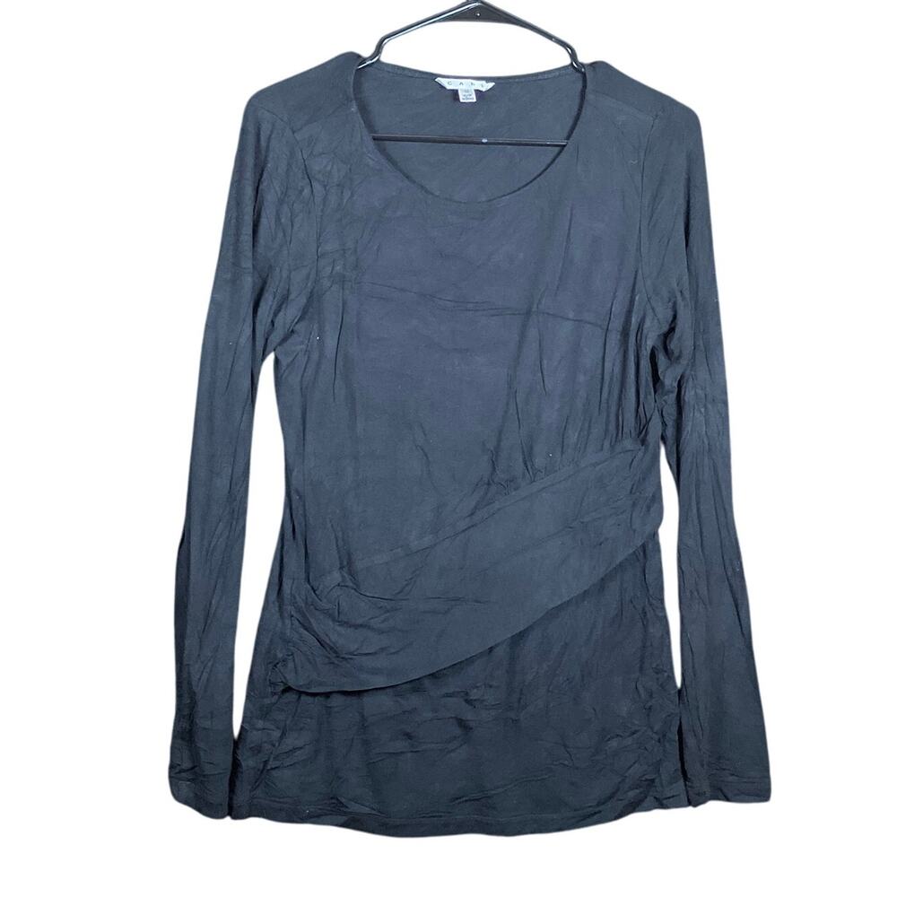 CAbi Womens Blouse Black Long Sleeve Ruched Wrapped Round Neck Stretch M